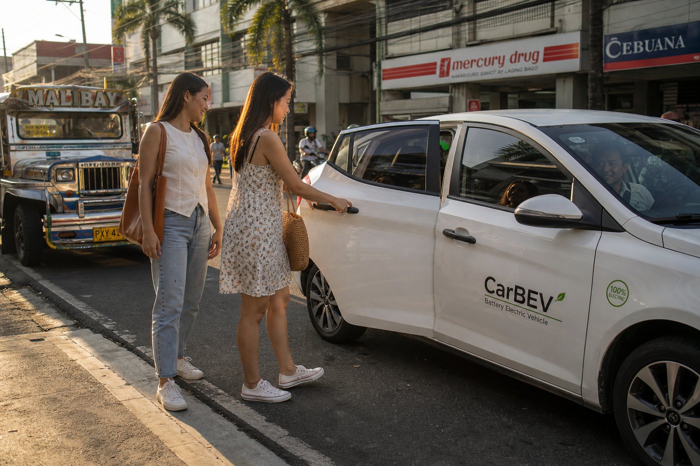 Two women boarding a CarBEV electric vehicle on a Manila street beside a traditional jeepney.