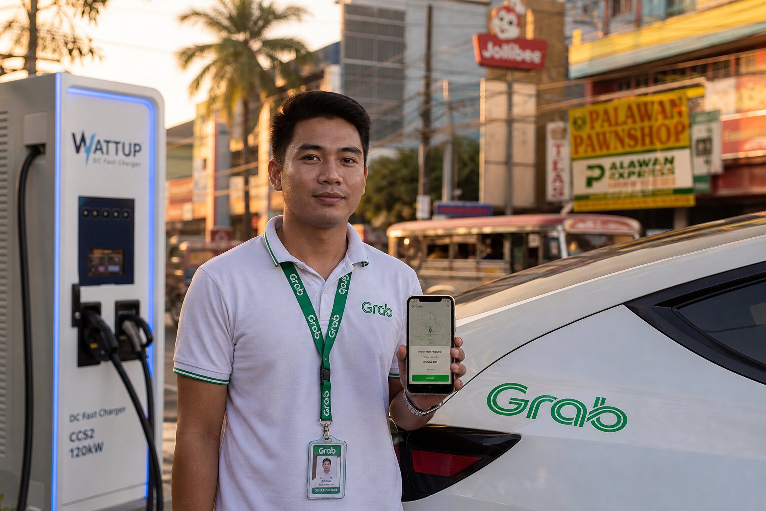 A Grab driver stands beside a WattUp-charged electric vehicle in Manila while checking the app on a phone.