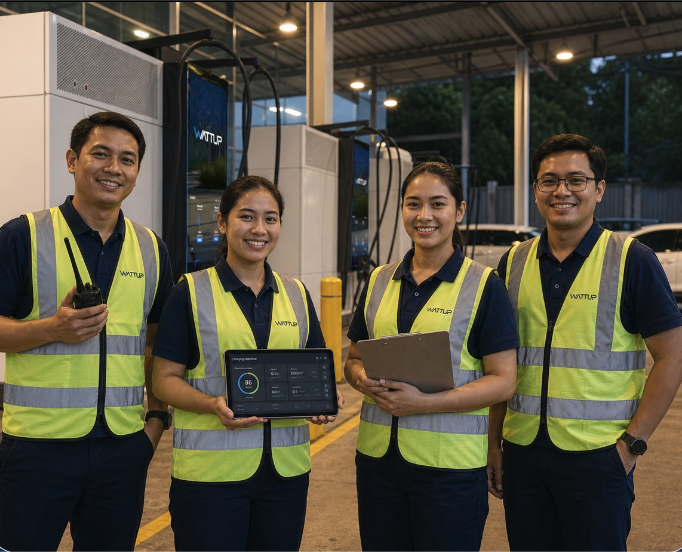 WattUp fleet operations staff in hi-vis vests standing at a charging depot with tablets and radios during an active shift.