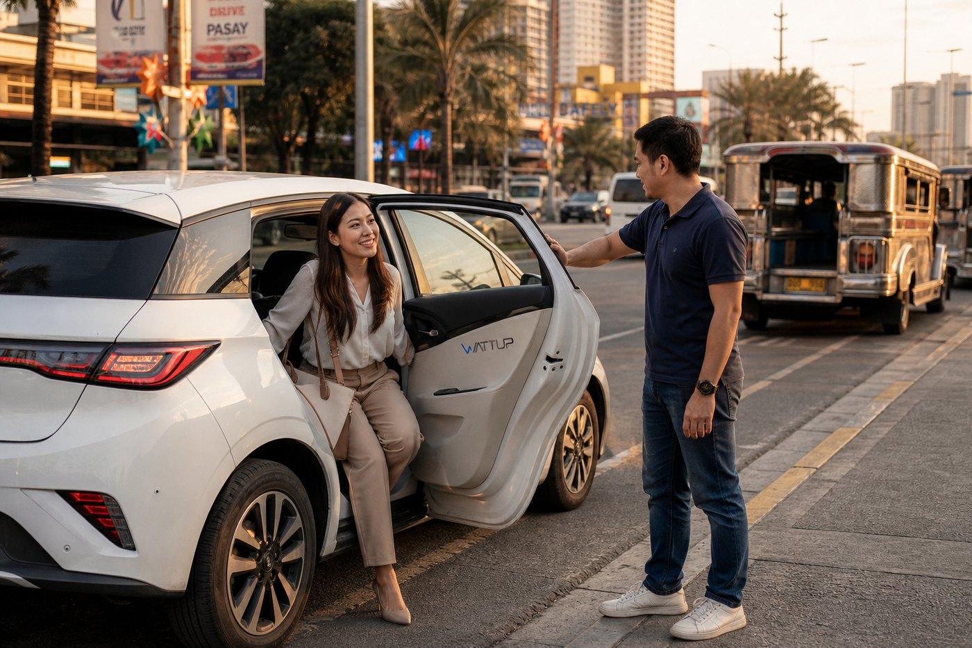 A WattUp driver welcoming a passenger into a white electric vehicle on a Manila street at golden hour.