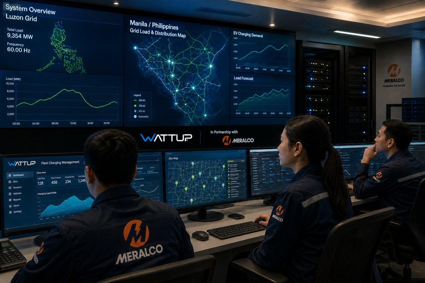Utility control room team monitoring EV charging demand and grid load dashboards in partnership with Meralco.